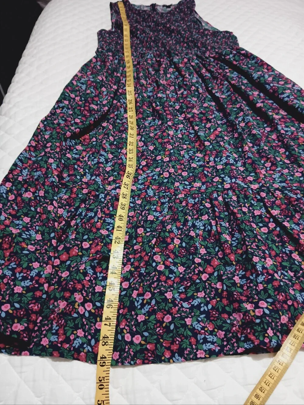J. CREW Smoked Floral Midi Dress in Navy- Pink-Green Pockets,Zip On Back Size XL